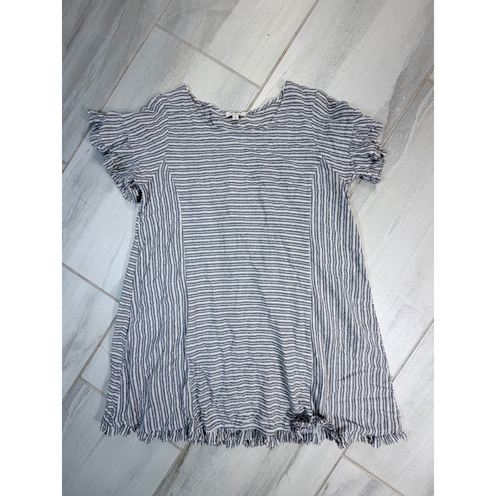 Umgee Blue White Striped Linen Blend Ruffle Sleeve Frayed Hem Tunic Top M Y0148